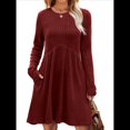 thumbnail image 2 of Vestido de Larga para Mujer, Cuello Redondo, Cintura Alta, Túnica con Bolsillos Vino Tinto L, 2 of 6