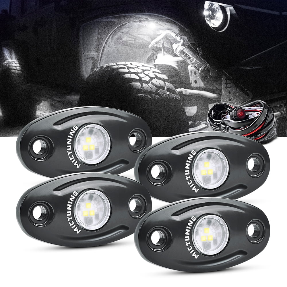MICTUNING 4 Pods White LED Rock Light Underglow LED Light Kit w/ Wiring