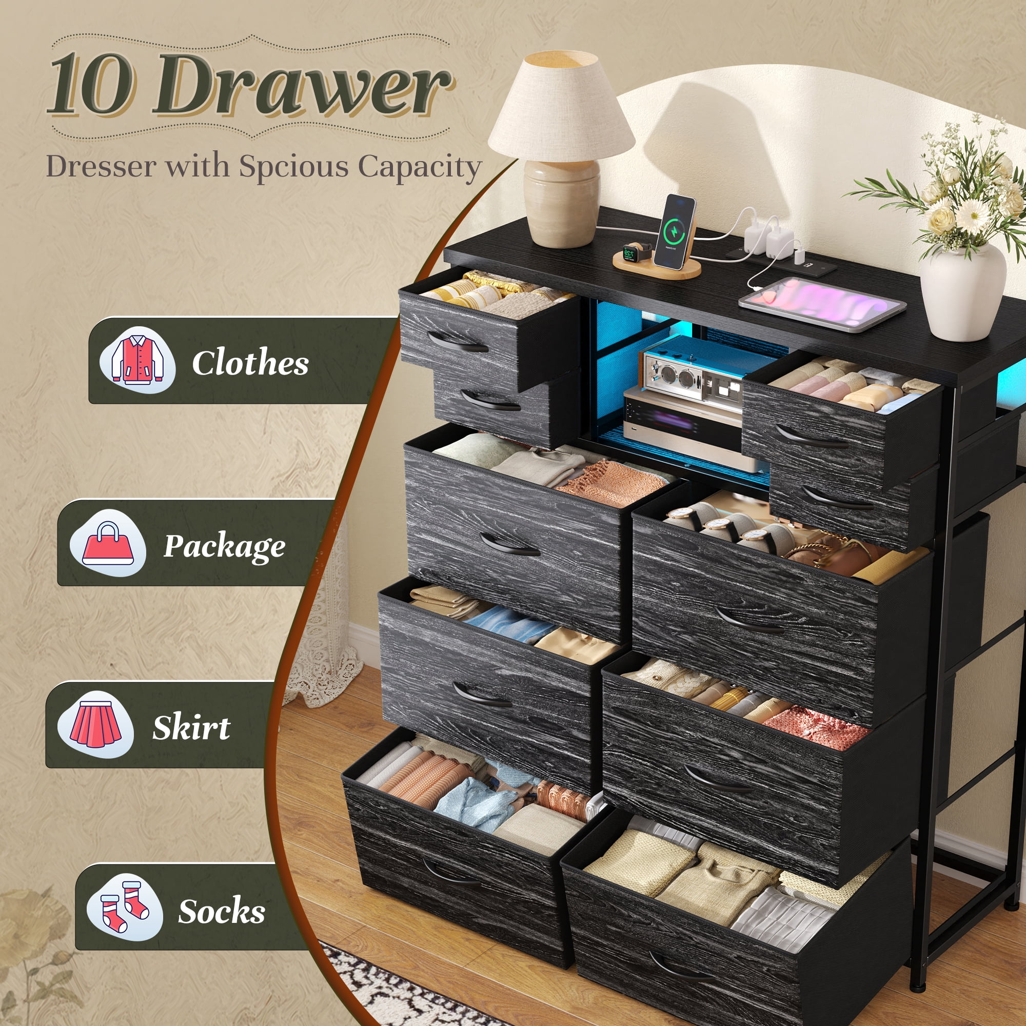 Enhomee Black Dresser for Bedroom with LED Lights & Charging Station Tall Chest of 10 Fabric Drawers with Storage Shelves