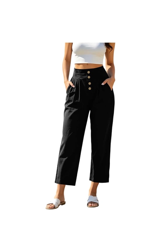 Women's Linen Capri Pants for Summer High Waist Pleated Front Cropped Pant Button Fly Straight Leg Casual Lounge Pants