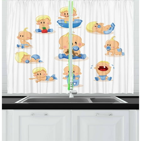 - Baby Curtains 2 Panels Set, Baby Boy Crying Walking Playing with Toys Sleeping Goofy Infant Person Happy, Window Drapes for Living Room Bedroom, 55W X 39L Inches, Ivory Pale Blue, by Ambesonne