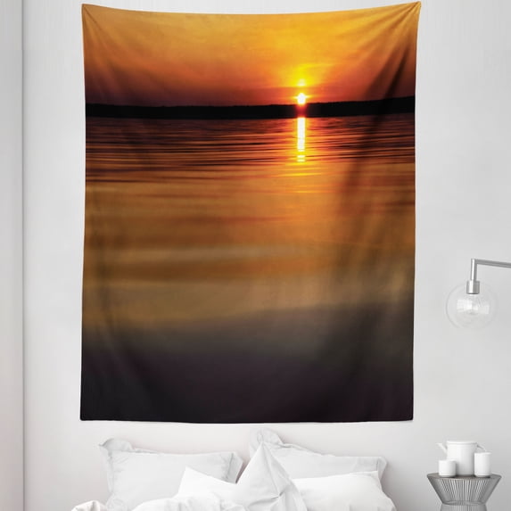 Beach Tapestry, Calm Rippling Water Ocean Seascape Romantic Tangerine Warm Colored Sunset, Fabric Wall Hanging Decor for Bedroom Living Room Dorm, 5 Sizes, Dark Orange Seal Brown, by Ambesonne