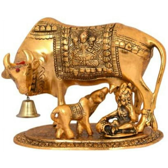 Metal Kamdhenu Cow with Calf Showpiece (Approx. 19.1 x 14 x 17.8 Cm), Golden Decorative Statue