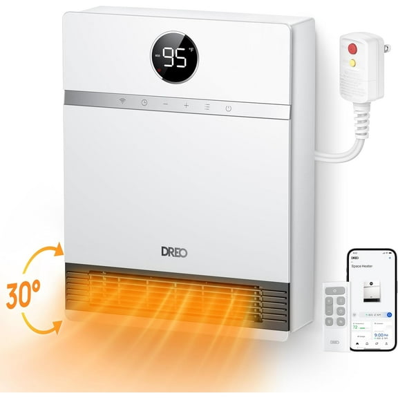 Smart Wall Heater, IP24 Electric Space Heater with ALCI Plug for Indoor Use, 30° Oscillation, Adjustable Thermostat, Remote Control, Works with Alexa, 24H Timer, Easy-mounted Heater for Bathroom