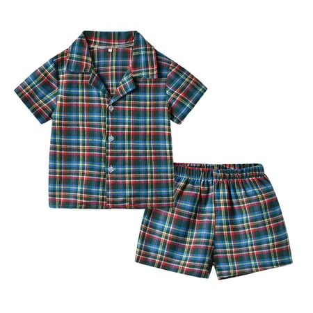 

Little Kids Girls Nightclothes Plaid Printed Turn-Down Collar Short Sleeve Spring Summer Cotton Pajamas Clothes Comfortable Soft Cozy Homewear