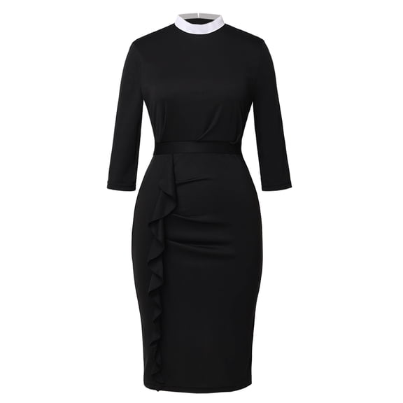 Afinprain Clergy Dress for Women Stand Collar 3/4 Sleeve Pleated Side Ruffle Pencil Dress