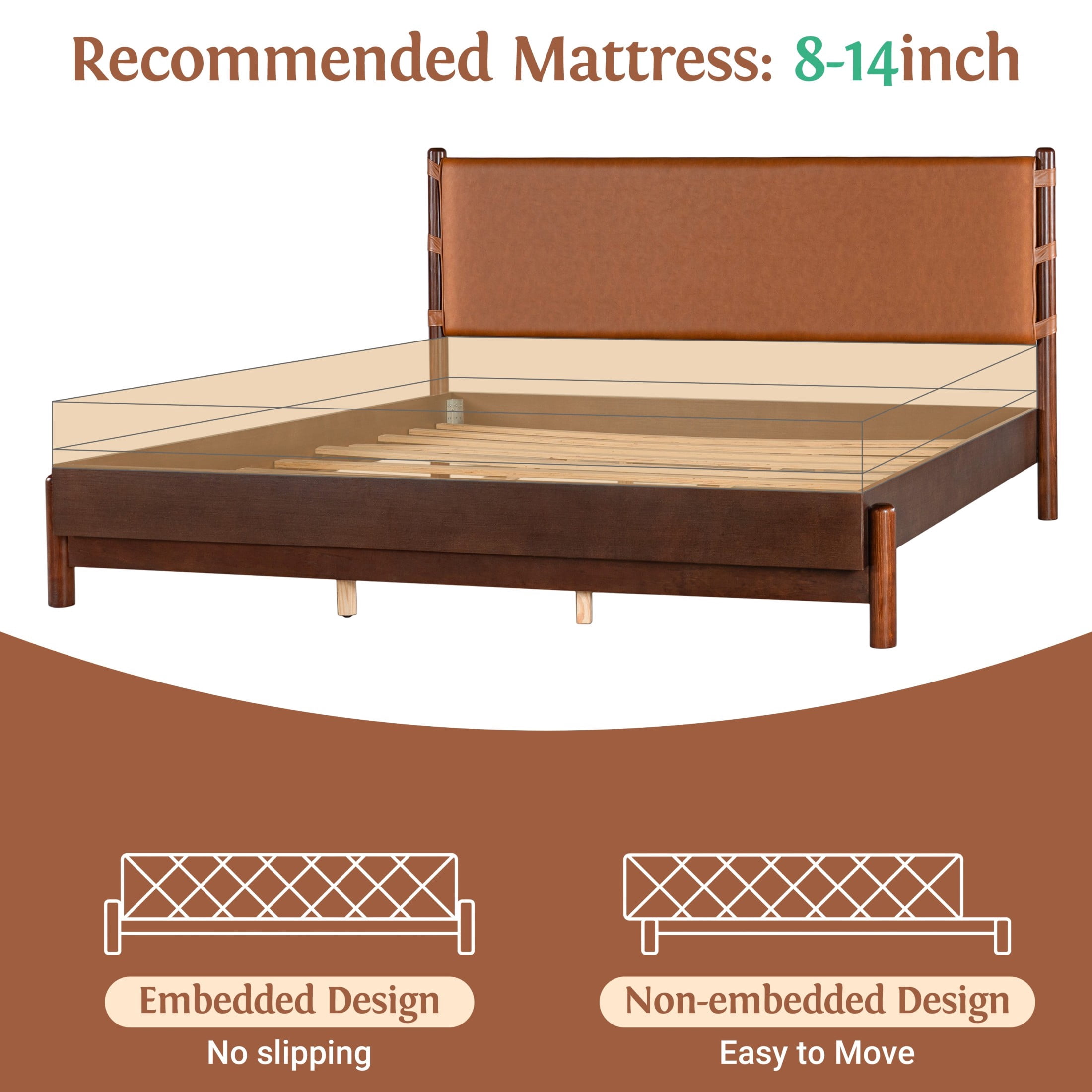 Christopher Knight Home Queen Modern Wood Platform Bed with PU Upholstered Headboard, Walnut+Brown