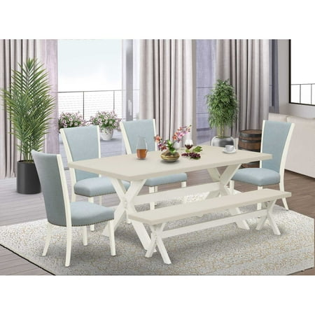 East West Furniture X027VE215-6 6 Piece dining table set – 4 Baby Blue Linen Fabric Dining Chairs with Nailheads and Linen White Dining Table – 1 Modern Bench – Linen White Finish East West Furniture X027VE215-6 6 Piece dining table set – 4 Baby Blue Linen Fabric Dining Chairs with Nailheads and Linen White Dining Table – 1 Modern Bench – Linen White Finish