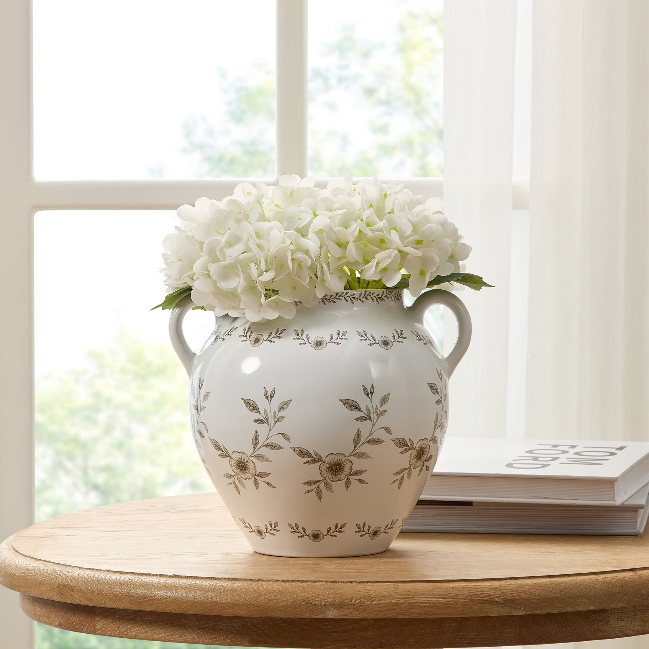 My Texas House 8" Taupe Double Handle Ceramic Floral Vase