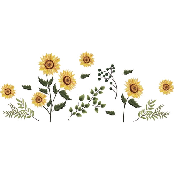 Beautiful Sunflower Collection Artwork Design for Girl's Bedroom Wall Decoration - Yellow Flower Garden Art for Relaxing and Soothing Room Vinyl Wall Decal - 30" x 12"