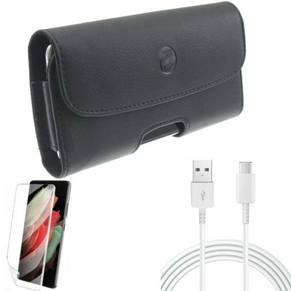 Matte Screen Protector w Case Belt Clip w 10ft USB-C Cable for Samsung Galaxy S21 Plus - TPU Film Anti-Glare, Leather Holster, Type-C Charger Cord Accessory Bundle