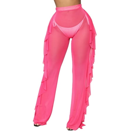 Women s See Through Sheer Mesh Ruffle Swimsuit Beach Bottom Cover up Pants High Waist Wide Leg Trousers