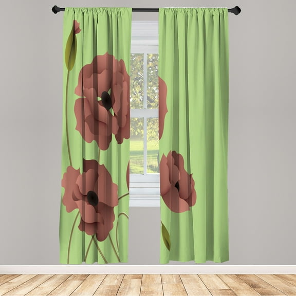 Ambesonne Floral Curtains, Poppy Flowers Buds Pastoral, Pair of 28"x95", Pictachio Green