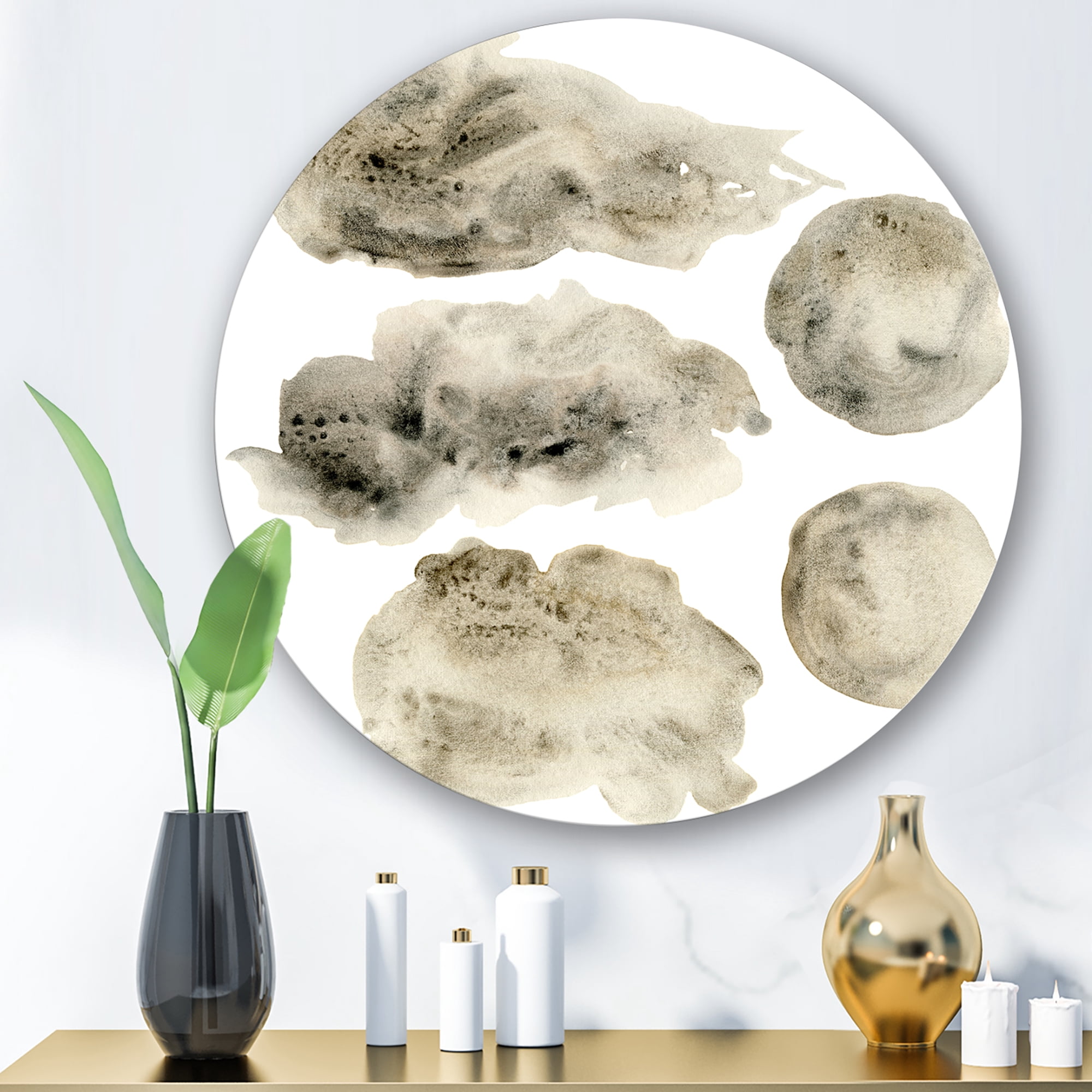 Designart 'Golden Beige and Grey Clouds II' Modern Circle Metal Wall Art 23x23 - Disc of 23