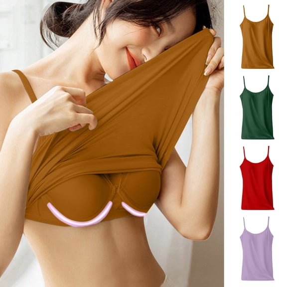 Siminsem Cotton Camisole with Built in Bra for Women Adjustable Spaghetti Strap Tank Top Shelf Bra Scoop Neck Undershirt Basic Layering Cami Top, Brown,L