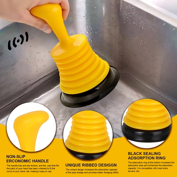 Injueey Émbolo de drenaje amarillo con fuerte succión para zuecos rebeldes, émbolo de inodoro con mango ergonómico Suministros de limpieza para el hogar