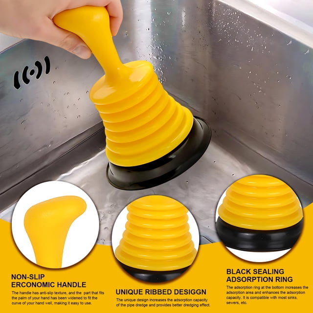 Injueey Émbolo de drenaje amarillo con fuerte succión para zuecos rebeldes, émbolo de inodoro con mango ergonómico Suministros de limpieza para el hogar