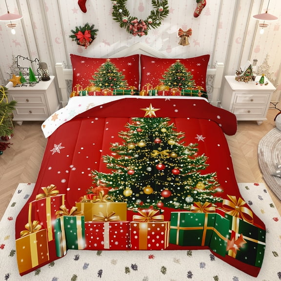 Homewish Chic Christmas Tree Bedding Comforter Set,Girls Xmas Gifts Twin Comforter Sets,Red Green Bedding Set For Child,Luxury Bedroom Decor Reversible,2-Piece