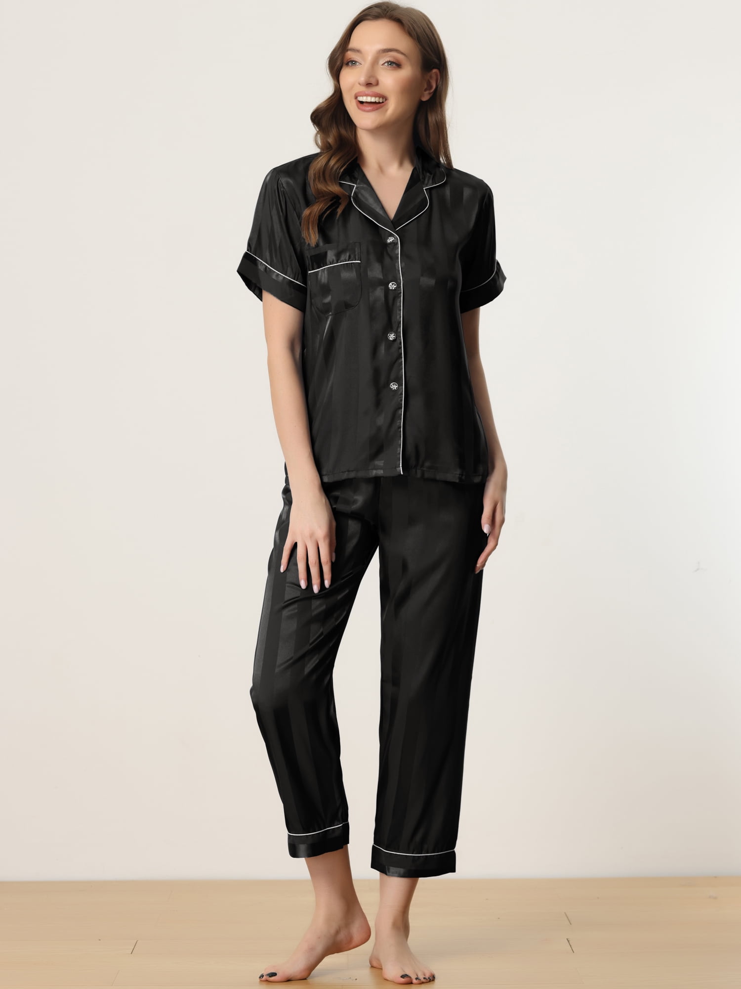 DARING DIVA Women's Satin Button Down Short Sleeve Long Pants Pajama Set XS Black