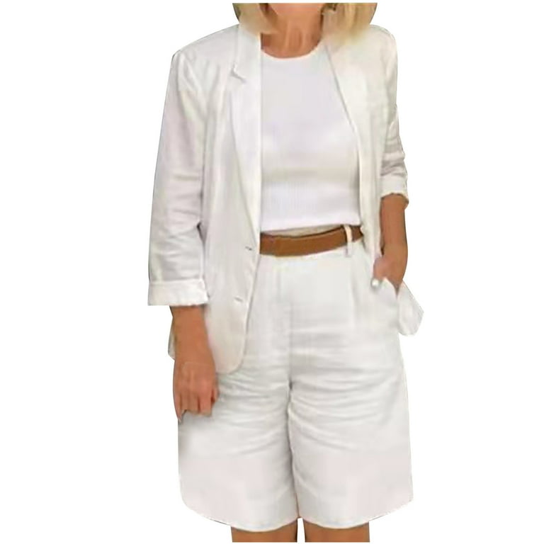 APEXFWDT Women s Cotton Linen Two Piece Outfits Plus Size Casual Long Sleeve Open Front Blazer Jacket and Bermuda Shorts Business Matching Sets Walmart