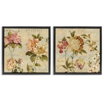 Stupell Industries Vintage French Floral with Script Botanical & Floral Painting Black Floater Framed Canvas Art Print Wall Art, 25 x 25, Set of 2