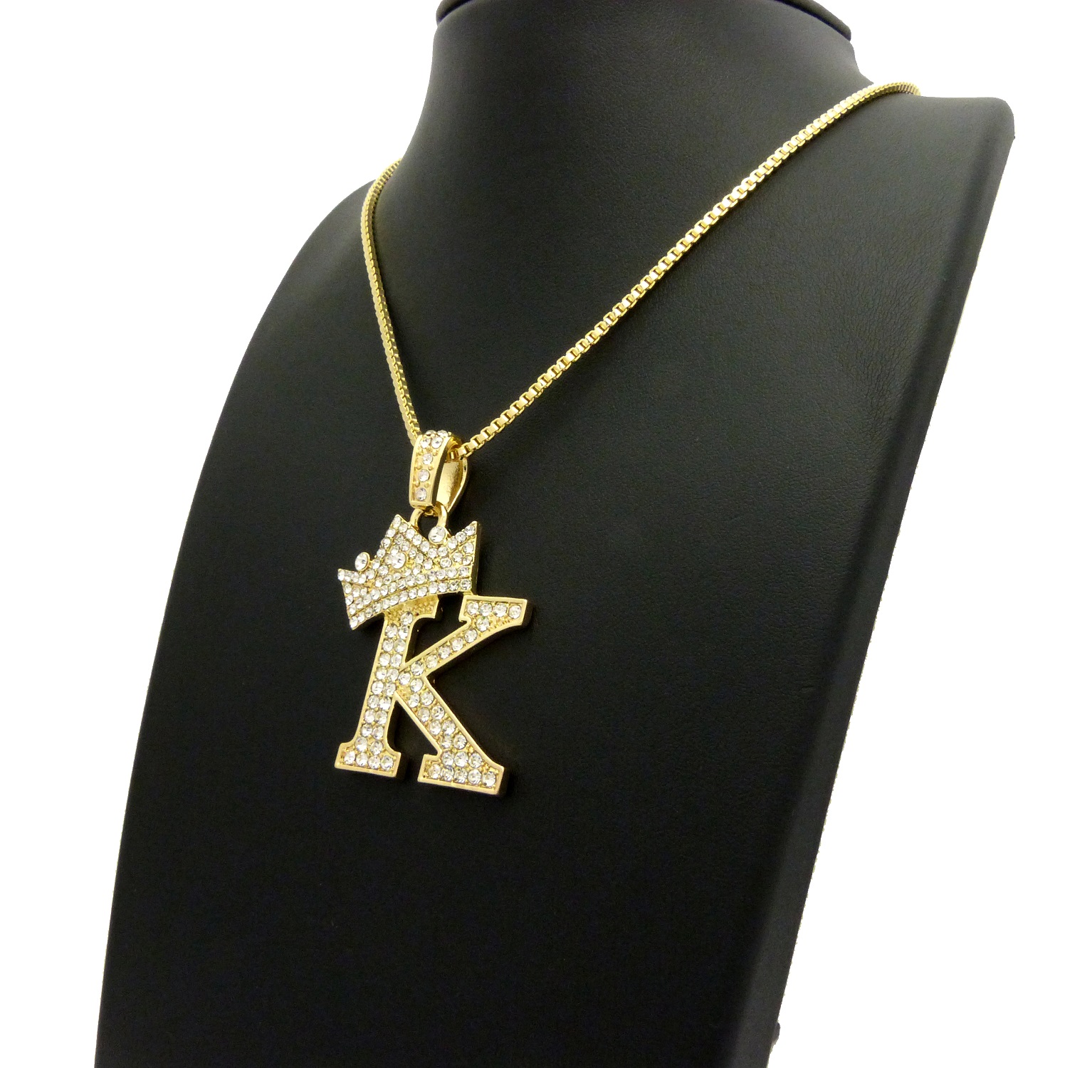 Stone Stud Allover Tilted Crown Initial K Pendant w/ 2mm 24