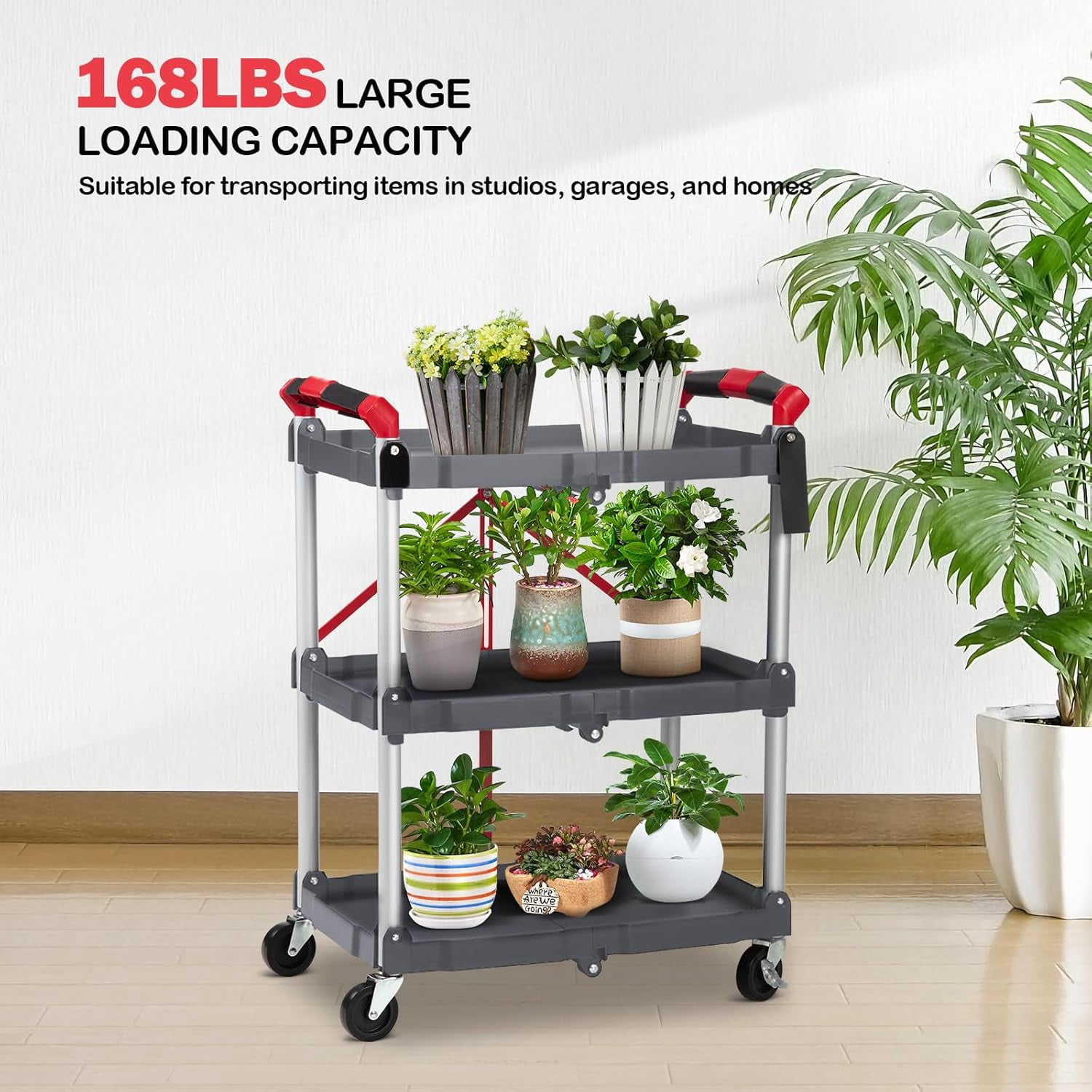Folding Utility Service Cart, Collapsible Cart with Wheels, 3 Tier Rolling Utility Cart, Folding Cart with Wheels Collapsible, Service Cart for Tool, Grocery, Kitchen, Office