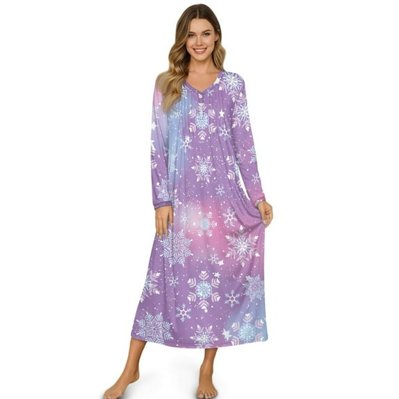 Tutolipy Christmas Nightgowns for Women Snowflake Printed Sleepwear V Neck Loungewear Long Sleeve Nightshirts Comfy House Dress for Home, S