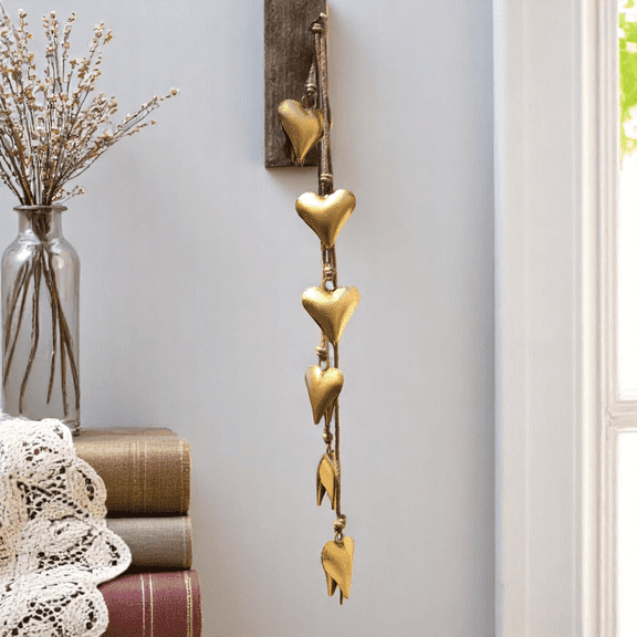 Vivanta Decorative Wind Chimes with Heart-Shaped Bells, 45 Inch, Gold Metal, Farmhouse Hanging Bell Home Decor