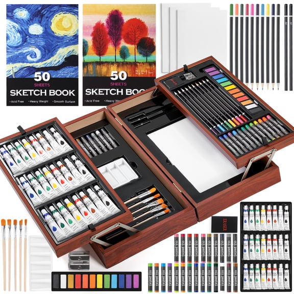 Professional Wooden Art Kit Double Door Design With Oil Pastels, Acrylic Paints & Colored Pencils, Complete Office Art Supplies