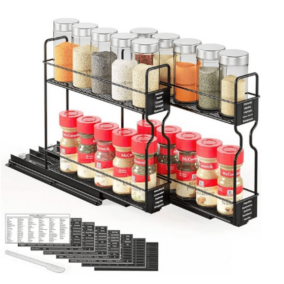 Pull Out Spice Rack Organizer for Cabinet, Heavy Duty Slide Out Seasoning Kitchen Organizer, Cabinet Organizer, with Labels, 5.2" W x10.75 D x10 H, 2 Drawers 2-Tier