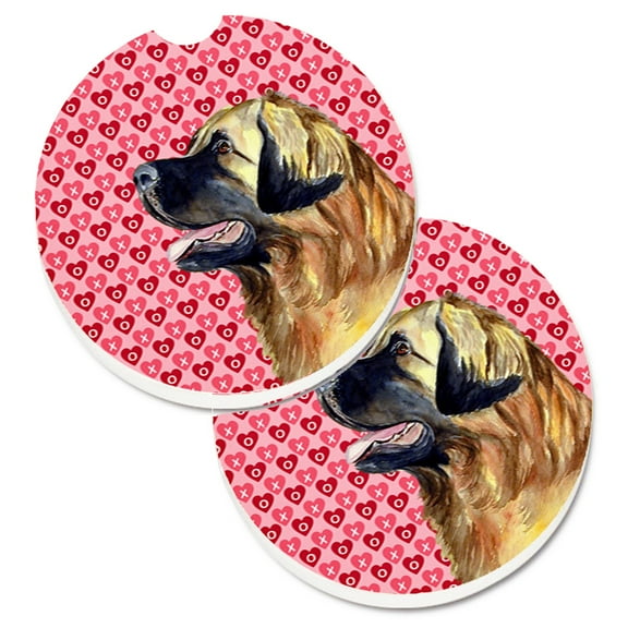 Leonberger Hearts Love and Valentines Day Portrait Set of 2 Cup Holder Car Coasters