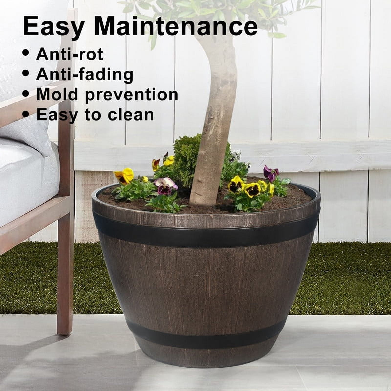 2Pcs 21" PVC Whiskey Planters - Extra-Large Drainage Hole Design, Rustic Outdoor/Indoor Garden Barrel Pots for Trees/Shrubs (Brown)