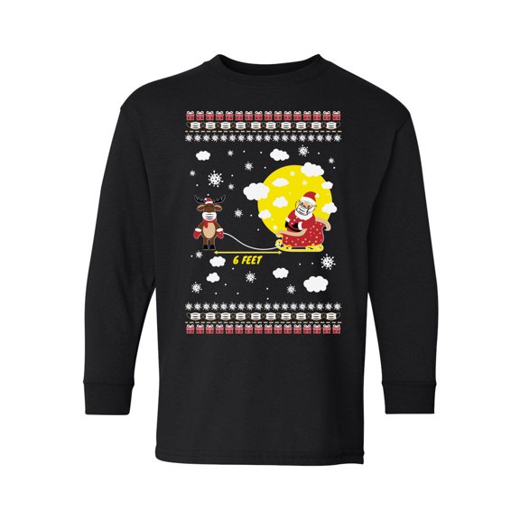 Christmas Deer Long Sleeve Shirt for Boys Girls Xmas T-Shirt Six Feet Funny Christmas Tee for Kids Holiday Gifts Santa's Reindeer Top Santa in Mask