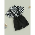 thumbnail image 3 of Bagilaanoe 2Pcs Toddler Baby Boys Overalls Shorts Set Checkerboard Print Short Sleeve Shirt Tops + Suspender Short Pants 6M 12M 24M 3T 4T Kids Gentleman Formal Outfits, 3 of 8