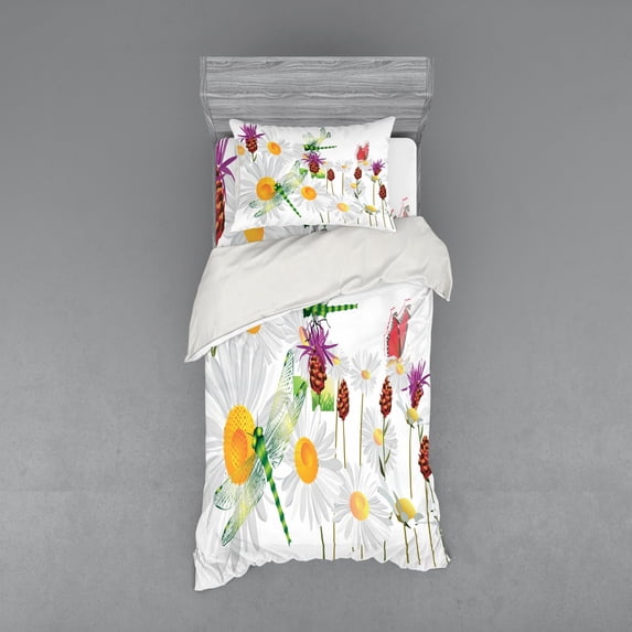 Ambesonne Dragonfly Bedding Set 3 Pcs, Daisy Field Spring, Twin XL, Fern Green White