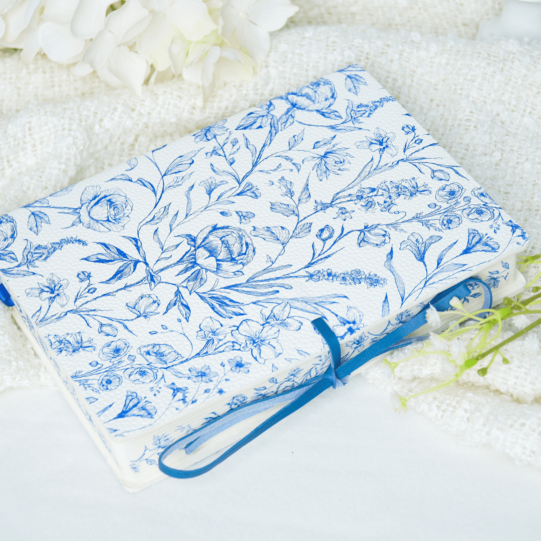 Faux Leather Hardcover Journal, Blue Floral, 380 Lined Pages, Lay-Flat, 8.5" × 6"