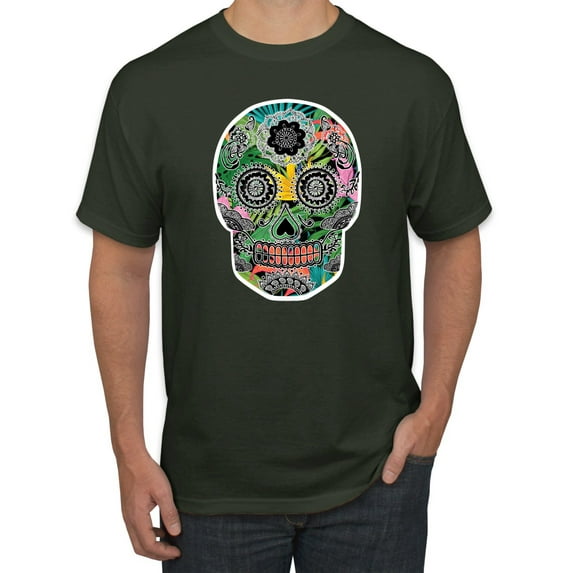 Day Of The Dead Calavera Skull Colorful Trippy | Mens Pop Culture Graphic T-Shirt, Forest Green, X-Large