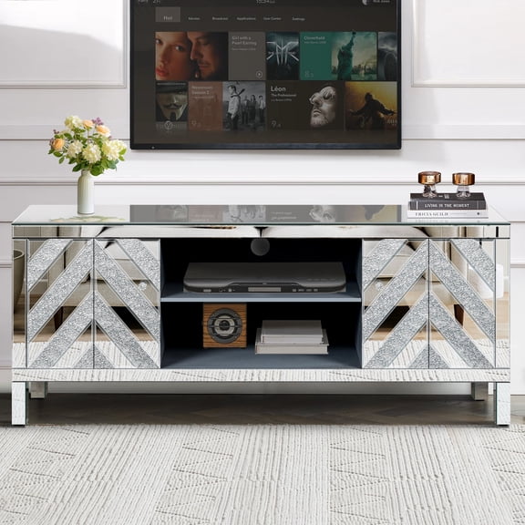 Mirrored TV Stand for 65" TV, Sliver TV Console Table with Open Storage and 2 Storage Cabinets, M Shape Sparkling Mirror Doors for Living Room (59''W x 25.2''H x 15.7''D)