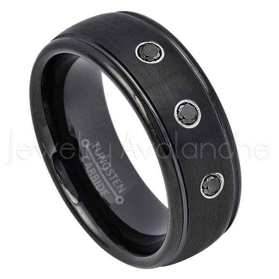 8mm Dome Tungsten Wedding Band - 0.21ctw Black Diamond 3-stone Band - Personalized Tungsten Wedding Ring - Custom Made April Birthstone Ring TN664BS