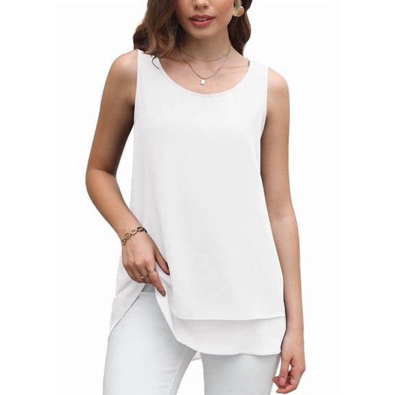 Uvplove Women's Sleeveless Chiffon Tank Top Double Layers Casual Blouse Tunic,White,S-3XL