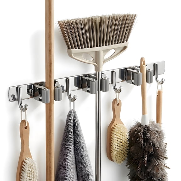 Broom Holder Wall Mount, Heavy-Duty Stainless Steel High Strength Anti-Slip Broom Hanger with 3 Racks and 4 Hooks, Triangle Structure No-Drill Mop Holder Wall Mount for Bathroom, Balcony, Kitchen