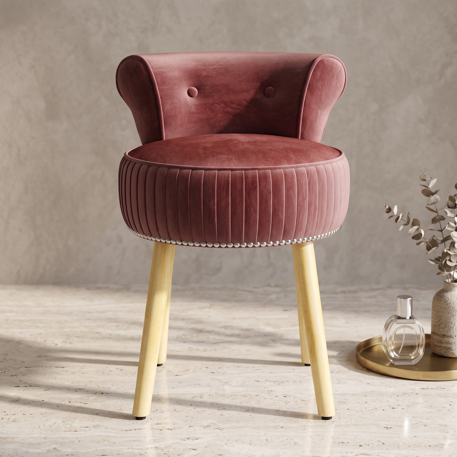 Furnibear Velvet Vanity Chair with Tufted Low Back and Solid Wood Legs for Bedroom Makeup and Dressing Table Seating, dusty rose