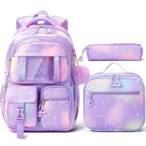 3-Piece Kawaii Backpack Set - Lightweigt Water Resistant Daypacks Travel Bookbag, Purple Pink
