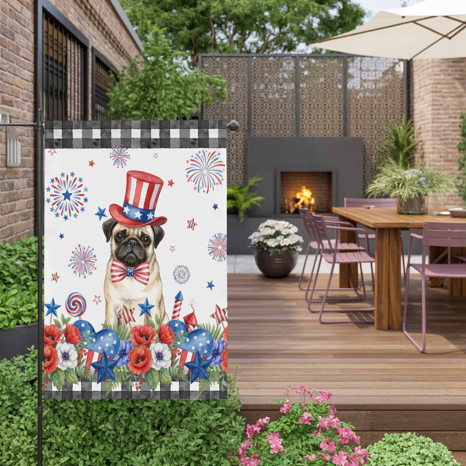 Independence Day House Flags For Outdoor, Cartoon Pug Dog Cute Puppy Red Blue Flower Small Double Side Yard Flags Weather Proof House Decor for Lawn Outside Holiday 28 x 40 Inches