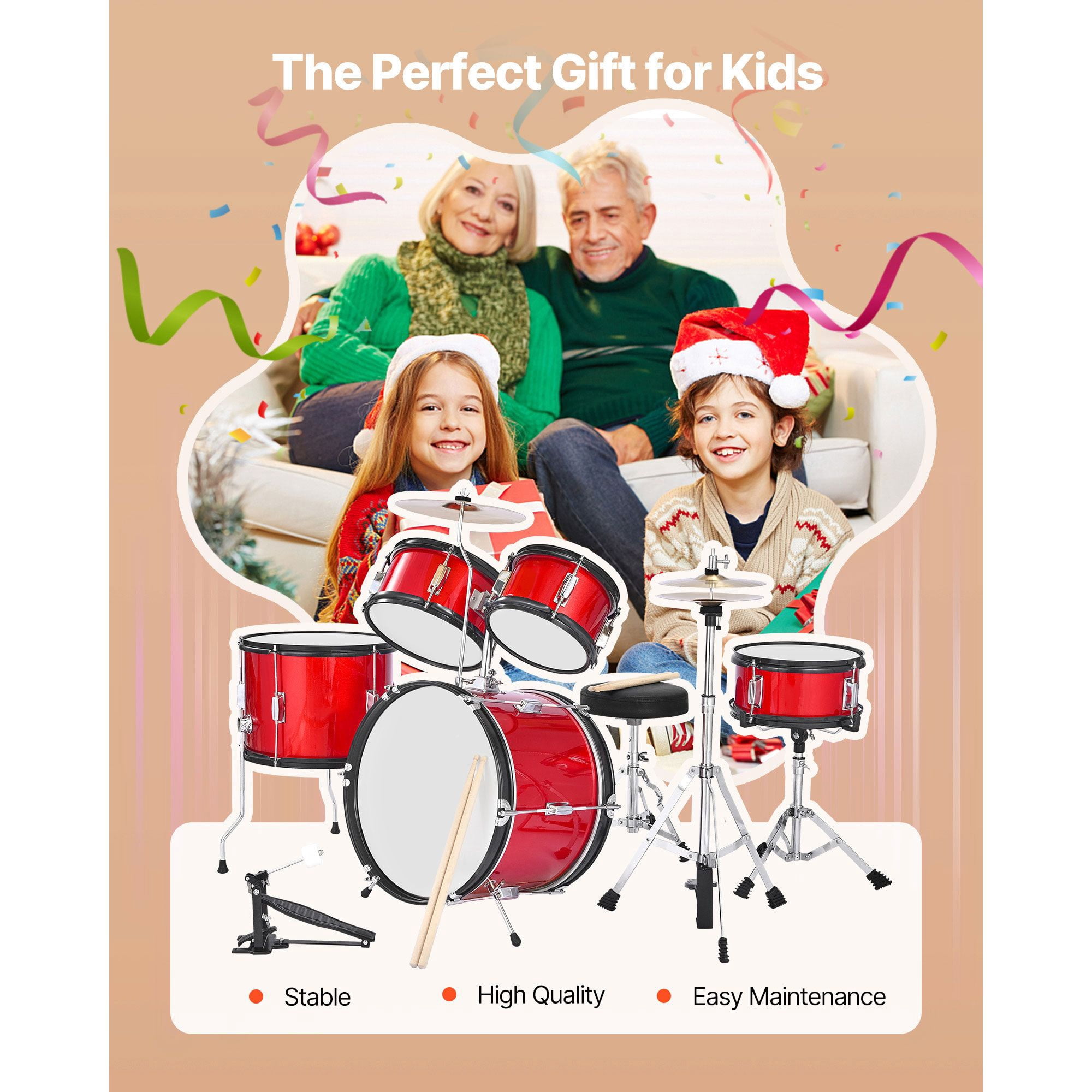 Kids Drum Set, 5-Piece 16 in Junior Drum Sets, Beginner Drums Set with Adjustable Throne, Cymbal & Two Pairs of Drumsticks, Musical Learning Drums Instruments Kit, for Children Ages 6-13 (Red)