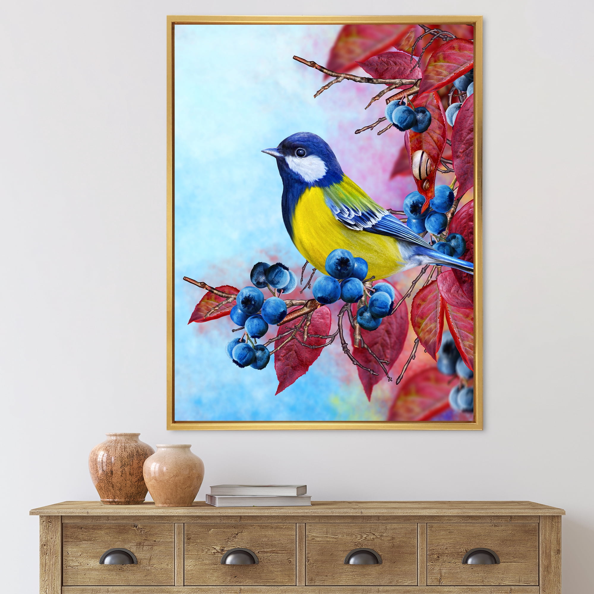 Bright Bird Bullfinch Sitting On A Branch of Berries II 30 in x 40 in Framed Painting Canvas Art Print, by Designart