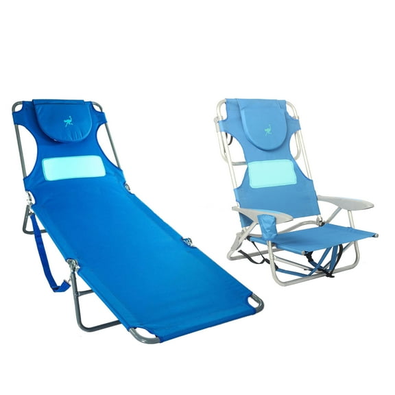 Ostrich Ladies Comfort Lounger Chair and On Your Back Beach Chair, Blue