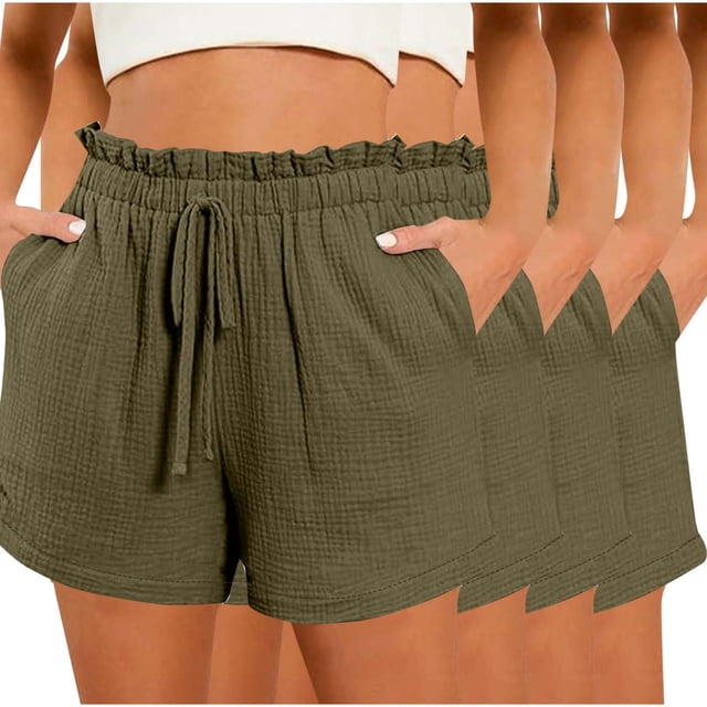Hyknon Womens Shorts Summer Casual Solid Color Comfortable Loose Fitting 4PC Workout Shorts Elastic Waist Drawstring Sports Gym Running Shorts with Pockets