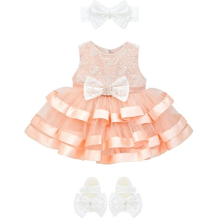 

Lilax Baby Girls Floral Lace Layered Tulle Tutu Gown Dress Peach 9-12 Months